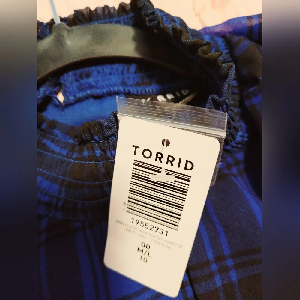 TORRID Blue and Black Plaid Rufffled Top Blouse.   M/L - Picture 2 of 7